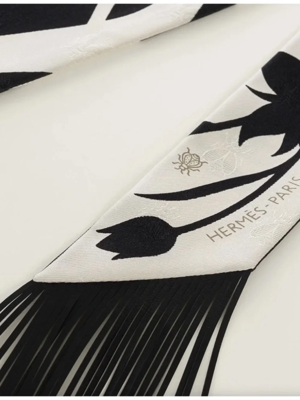 Hermes Scarf Twilly Fringe Leather Bouquet Final Abeille Creme White Black Silk